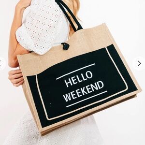 Hello Weekend Burlap Tote Bag